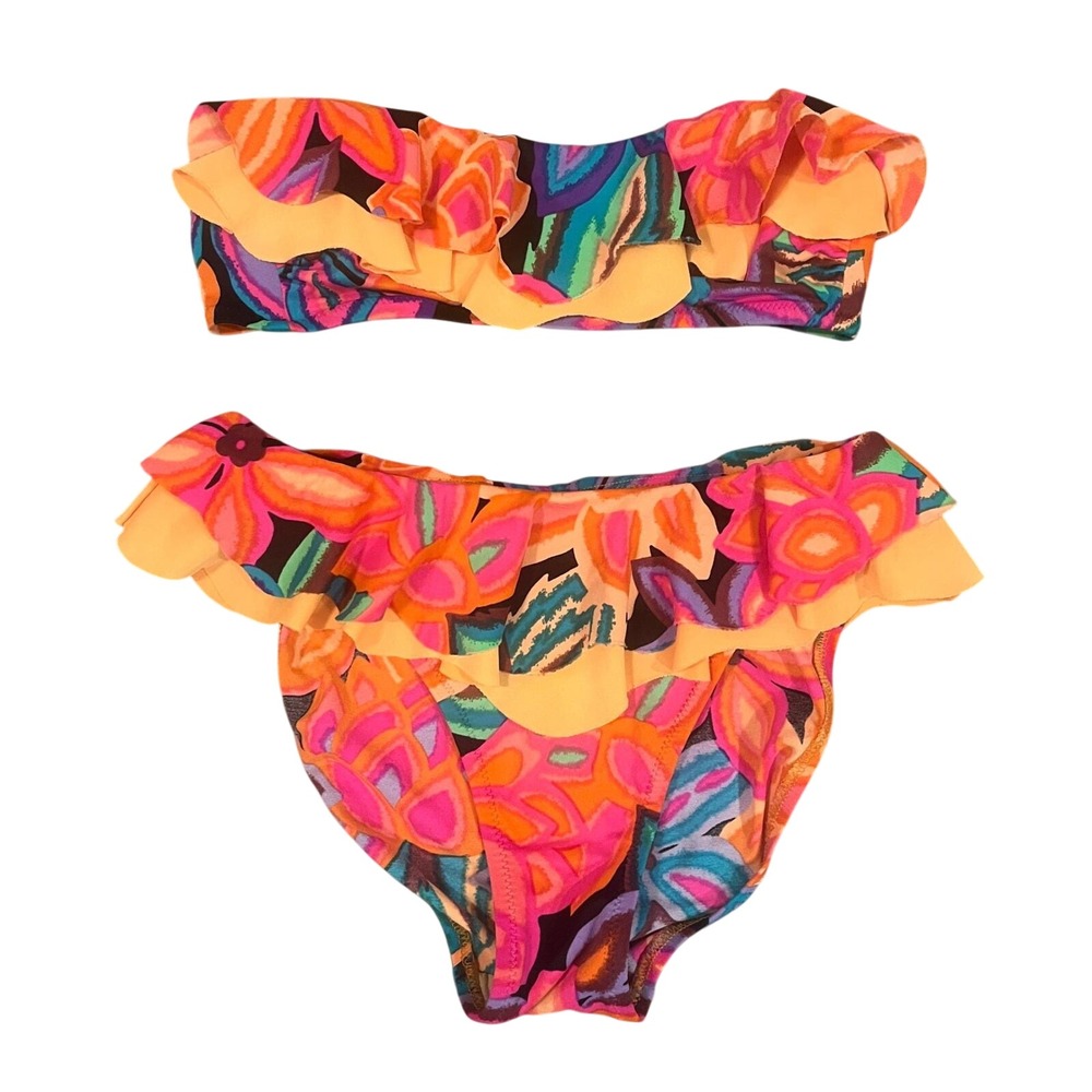 Vintage DeWeese California Neon Floral Ruffle Bandeau Bikini Set Size 8 USA Made